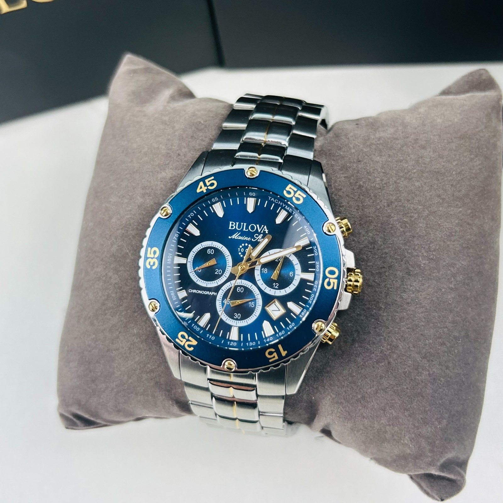 Bulova Marine Star 98B400 Men's Blue Dial Stainless Chronograph Quartz Watch New