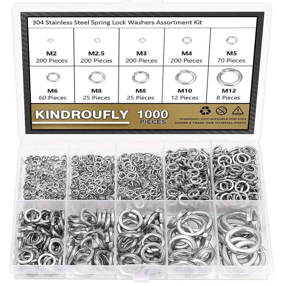 1000-Piece Stainless Steel Split Lock Washers Assortment Kit (9 Sizes)