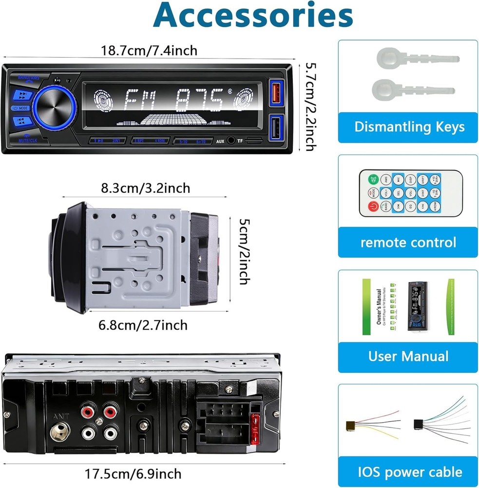 Bluetooth Single DIN Car Stereo – Fast Charging, 7 LED Modes & App Control