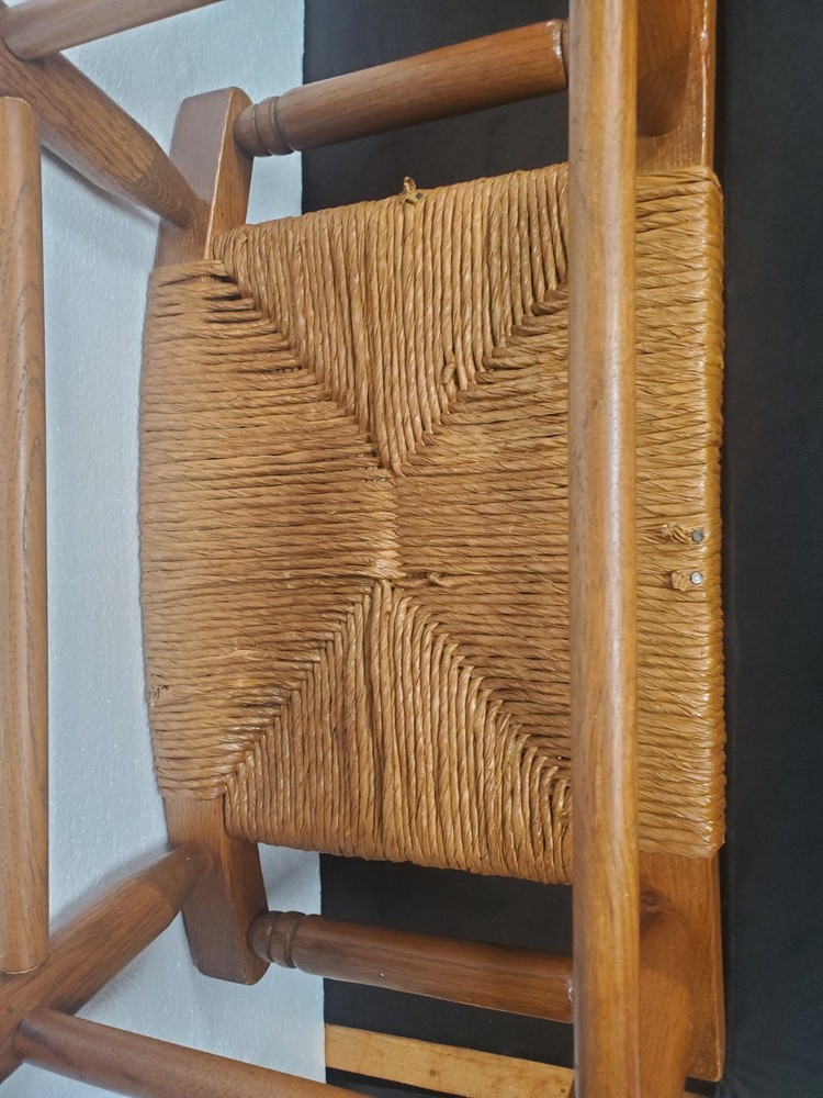 Mid Century Solid Wood Woven Rush Footstool