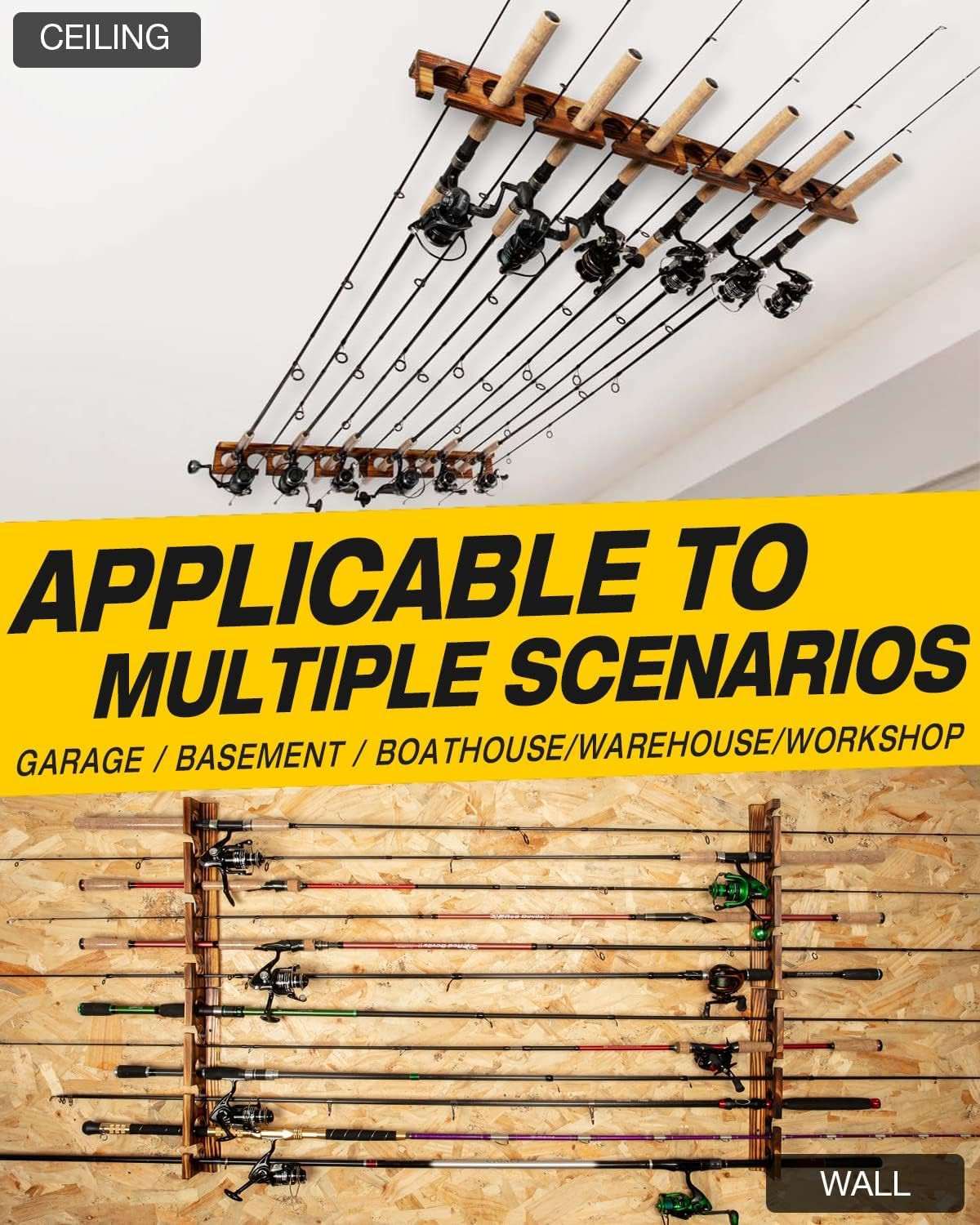 Holds up to 12 Rods Fishing Pole Rod Racks Wall or Ceiling Mounted Fi