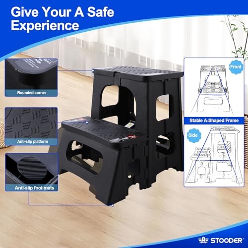 Folding 2-Step Stool - Upgraded Stable A-Frame, Safety Lock, Anti-Slip Black