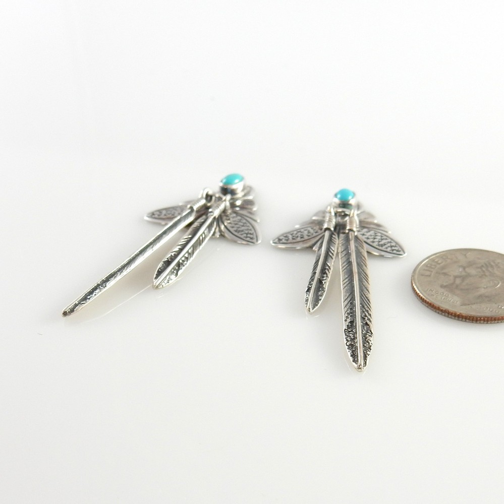 Handmade Sterling Silver Blue Turquoise Feather Post Earrings