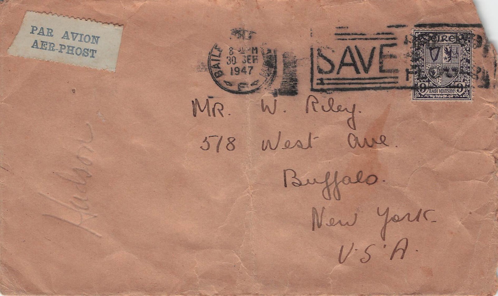 1947 Ireland Airmail Buffalo NY Baile Atha Cliath SAVE Cancel Vtg Cover CV03