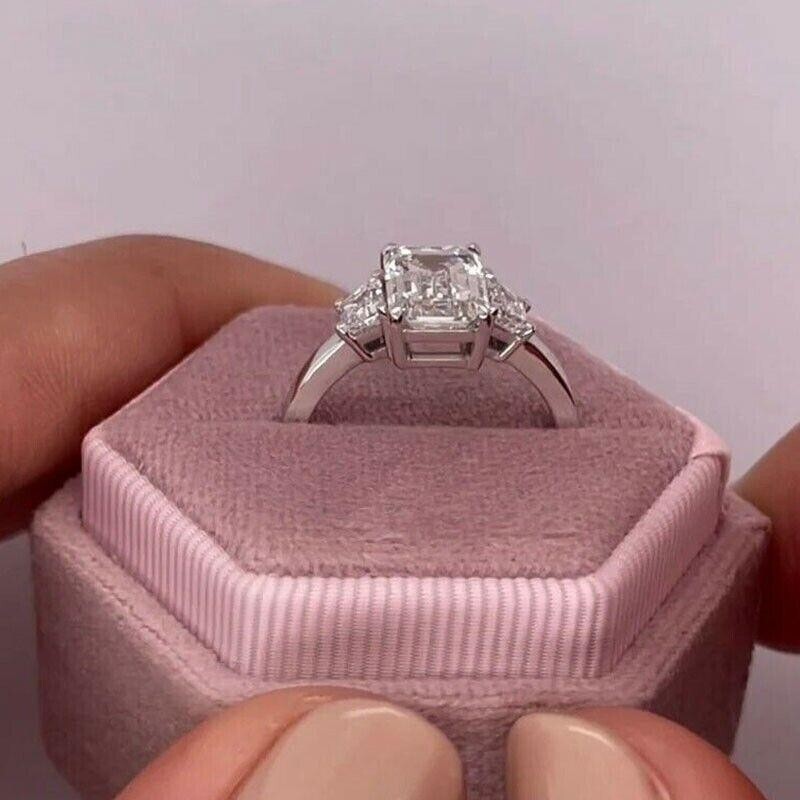 3.00 Ct Emerald Cut Moissanite Three Stone Engagement Ring Solid 14K White Gold