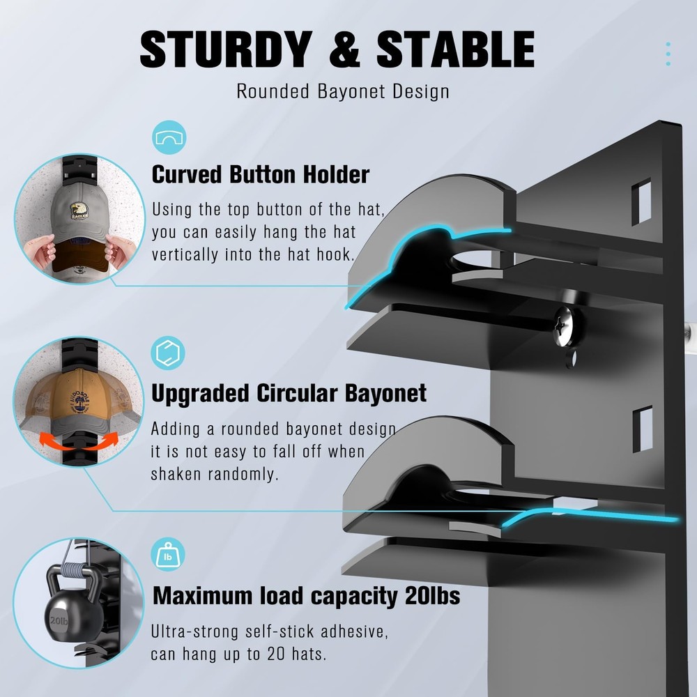 2 Pack Hat Organizer Wall Mount, Holds 20 Baseball Caps, 2 Hanging Methods