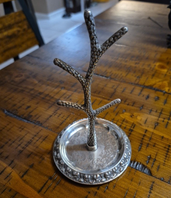 Vintage Silver-Plated Jewelry Tree Metal Earring Rings Holder Branch Dish Small