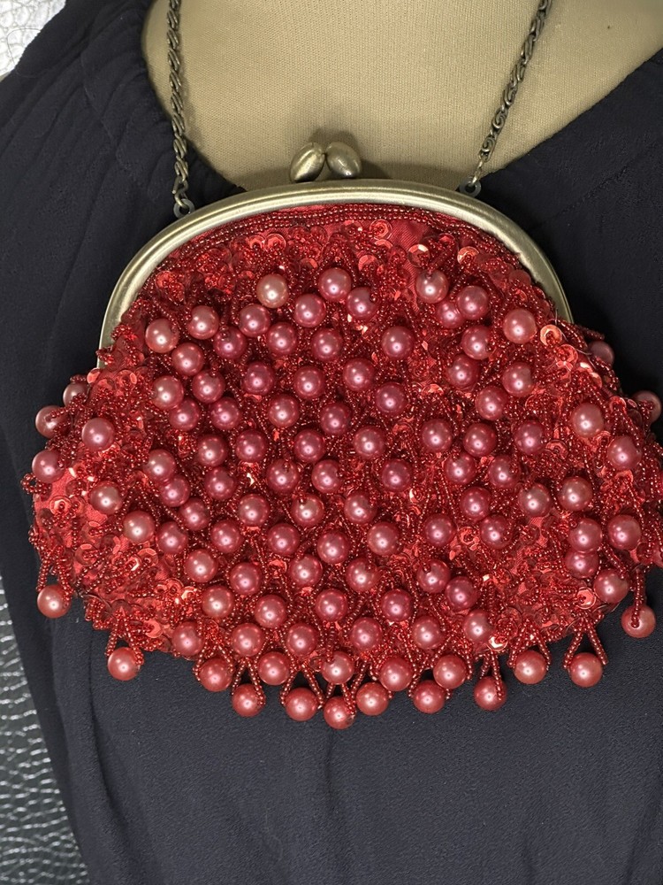 Red and Bronze Tone Dangle Bead Clutch with Shoulder Strap