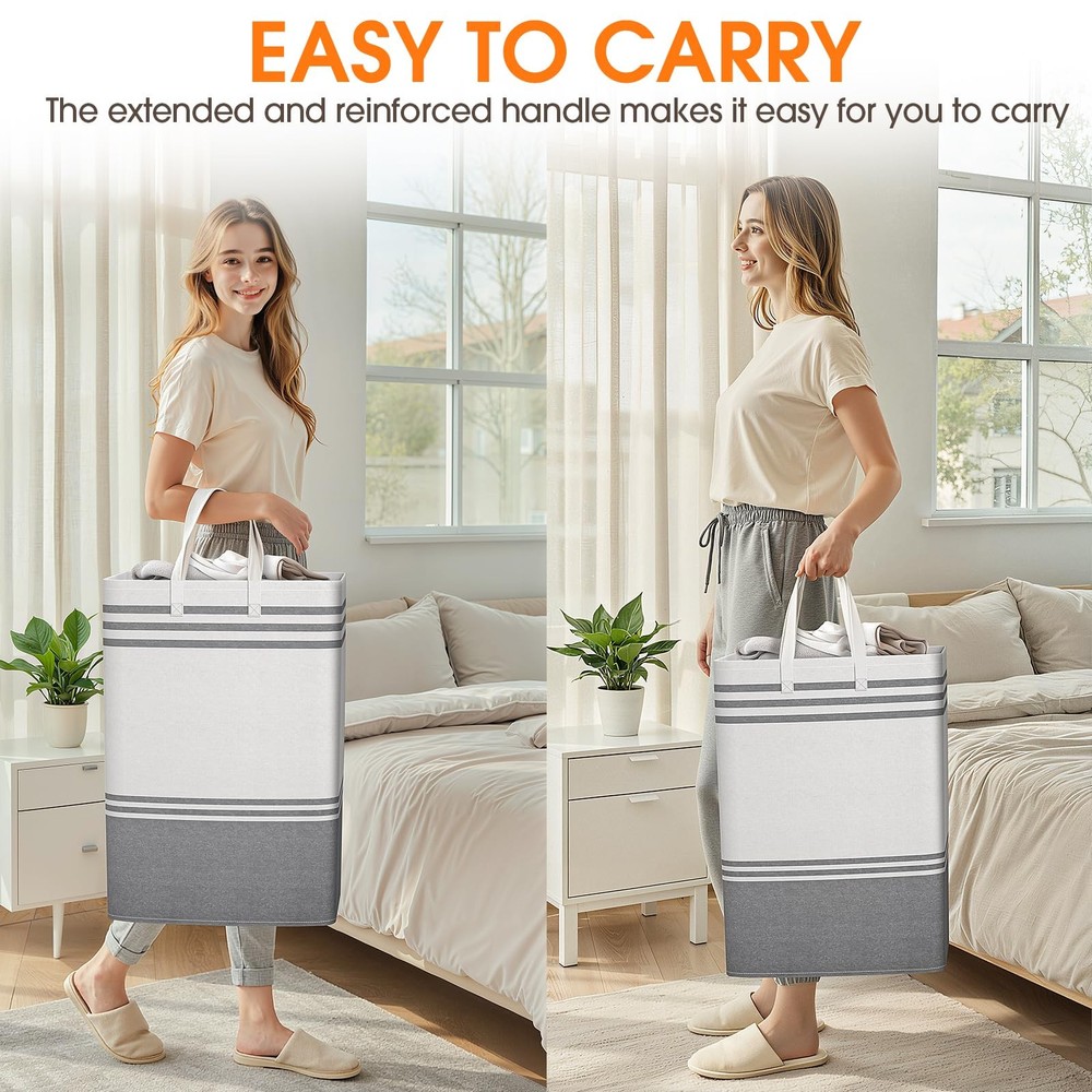 2 Pack Large Laundry Baskets Freestanding Waterproof Collapsible Grey 75L
