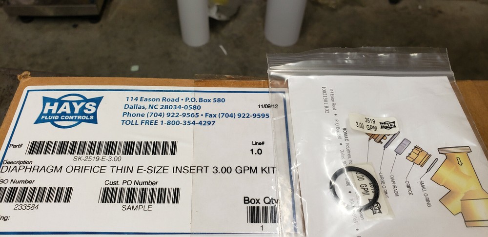 NEW Hays Fluid SK-2519-e-3.00 Diaphragm Orifice Thin E-Size Insert 3.00 GPM Kit