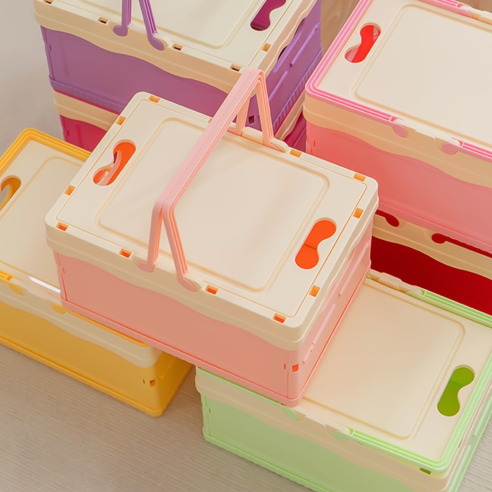 Pastel Plastic Storage Bin with Lid Small Cute Foldable Pastel Crates Plastic...