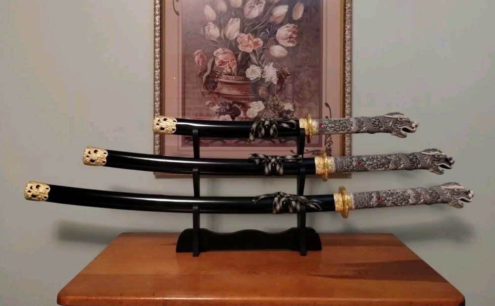 HIGHLANDER SAMURAI DRAGON HEAD STAINLESS STEEL BLADE SET DECORATIVE DISPLAY