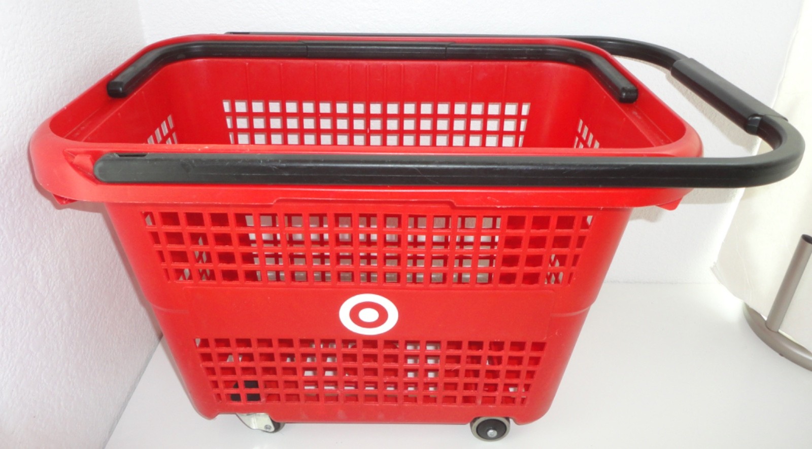 TARGET Red Rolling Shopping Basket Cart w/ Wheels & 2 Handles Bullseye Logo