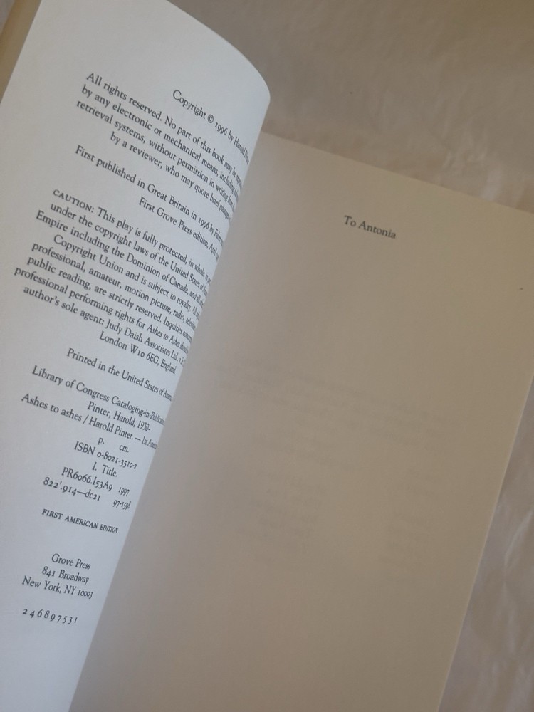 ASHES TO ASHES Harold Pinter - Grove Press SCRIPT
