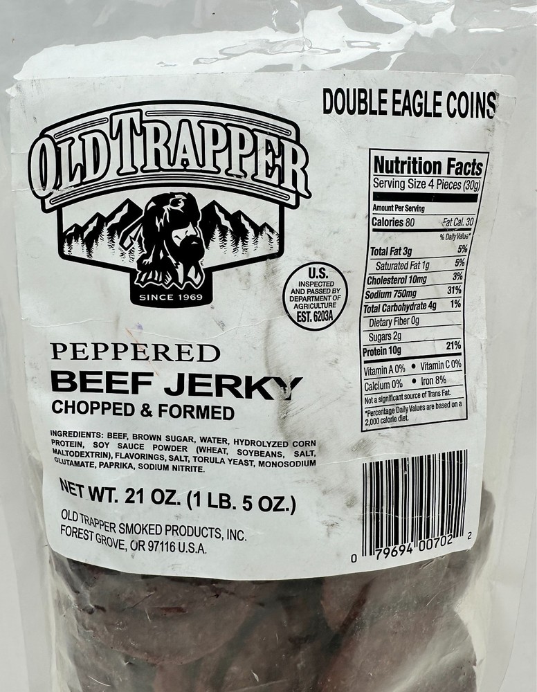 Old Trapper Peppered Double Eagle Coins Beef Jerky Chopped & Formed BB: 8/2026