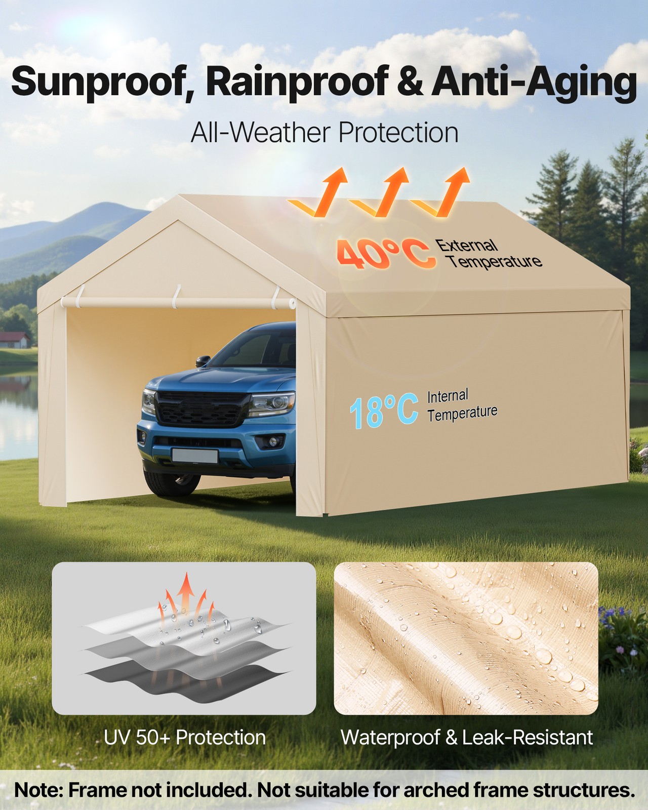 VEVOR Carport Replacement Canopy Cover with Sidewalls 10x20ft Frame Not Included