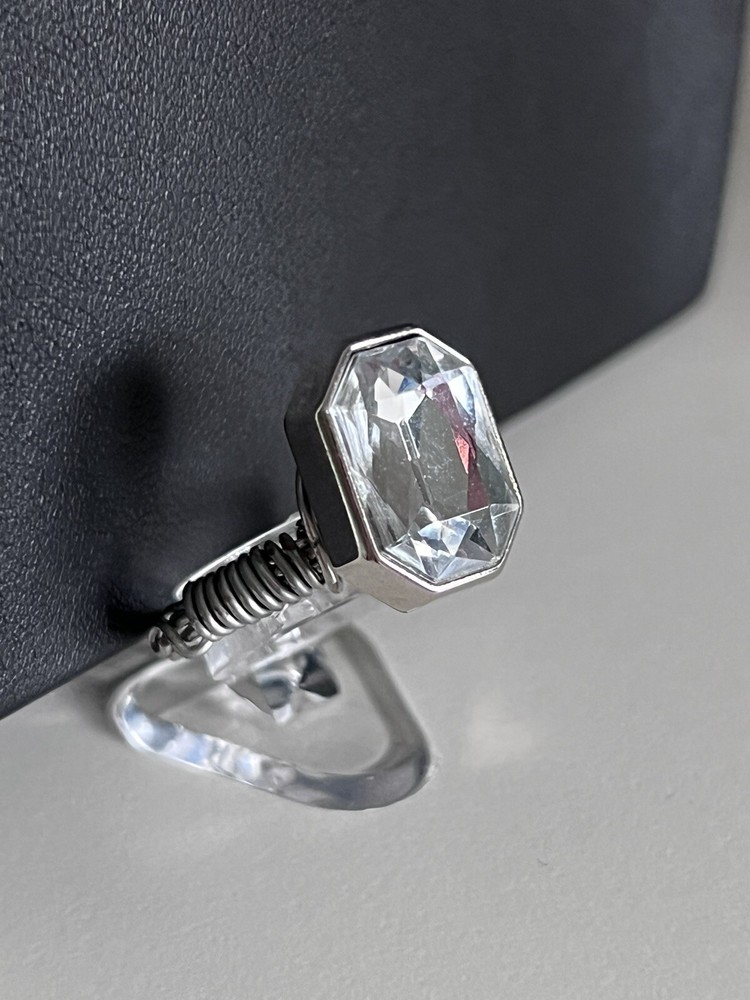 Silver and Crystal Sparkly Wire Wrapped Button Ring Size 6