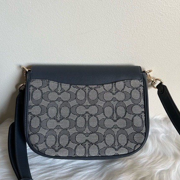 Coach Amelia Saddle Bag Navy Blue Signature Canvas Leather Crossbody C3593