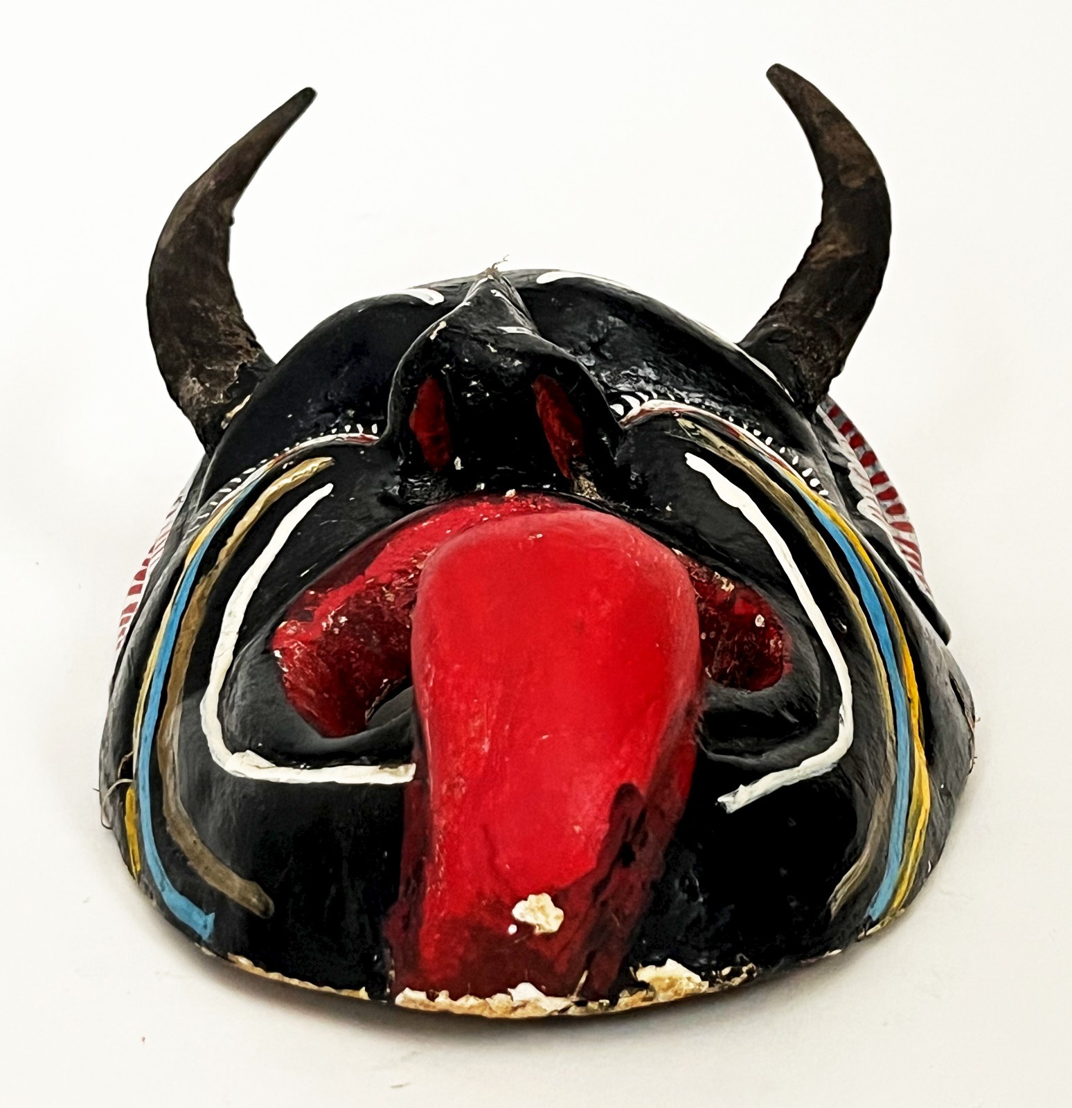MEXICAN FOLK ART CARVED WOOD BLACK HORNED DIABLO DEVIL DEMON DANCE MASK 14 x 8"
