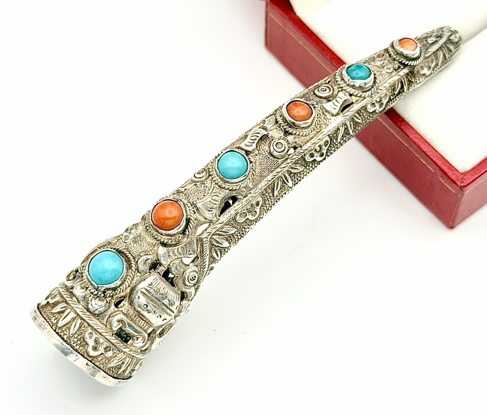 Antique Silver Chinese Finger Nail Guard / Protector Pin Rare Coral & Turquoise