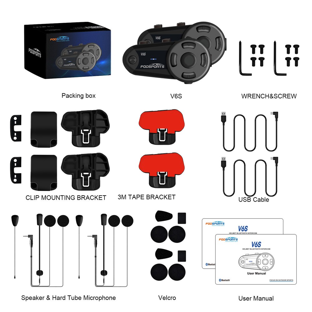 2X V6S Bluetooth Intercom Motorcycle Helmet Headset Interphone 1KM 2 Way Type-C