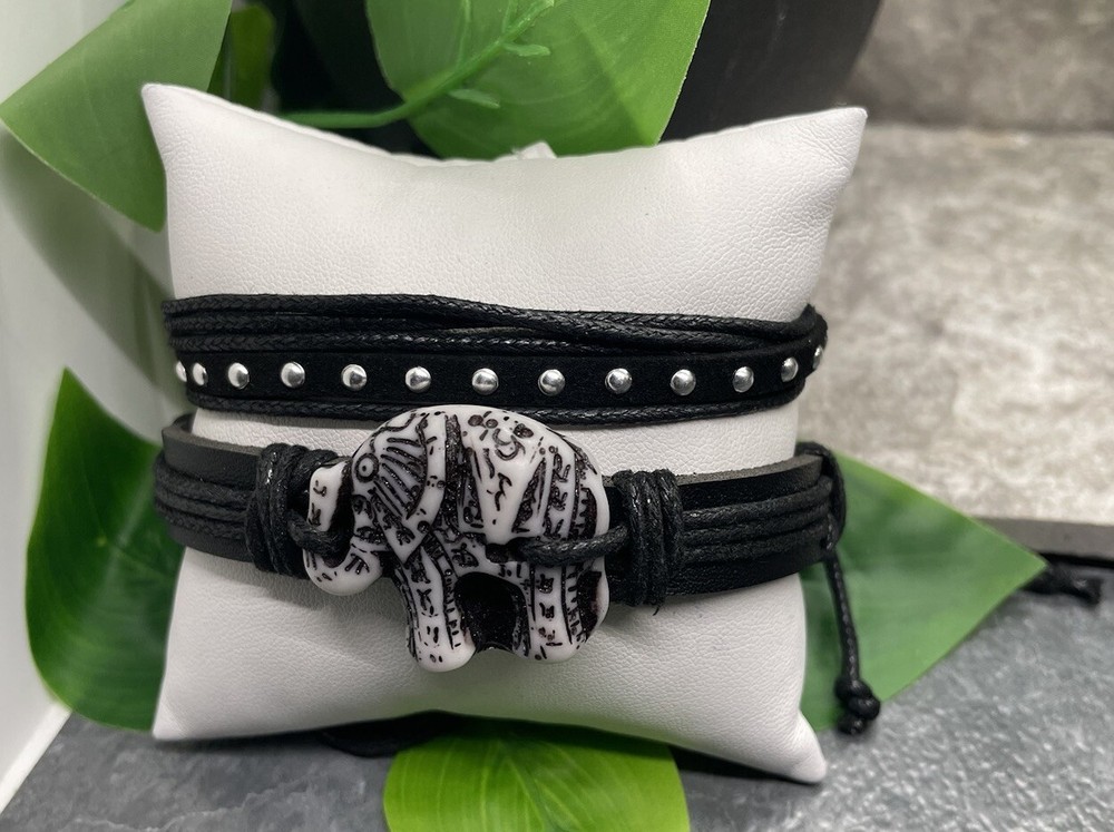 2 PC Leather Bracelet  Stackable Adjustable Tie Free Ship Elephant B3291