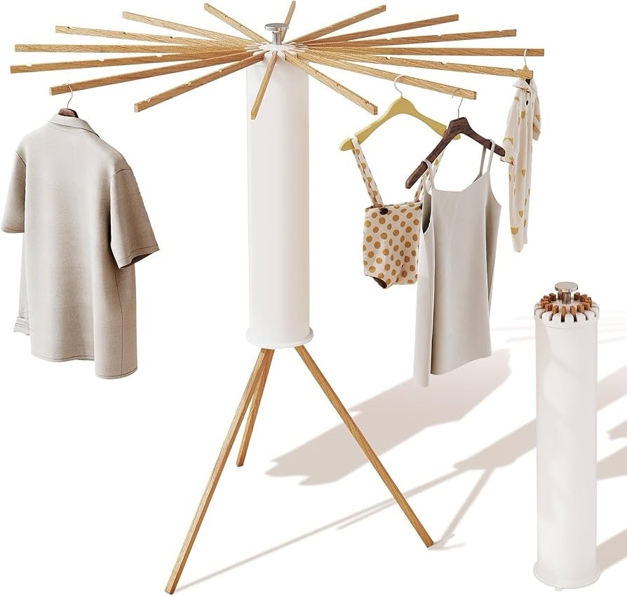 Umbrella-Shaped Large Capacity Foldable Clothes Drying Rack Beech Wood
