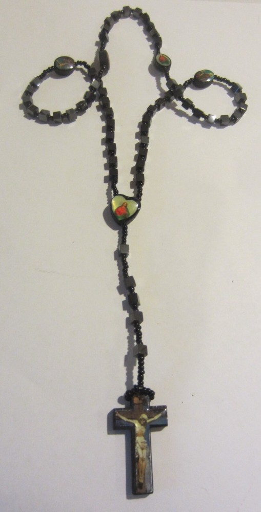 Vintage Rosary Hematite Black Square Beads plus bonus