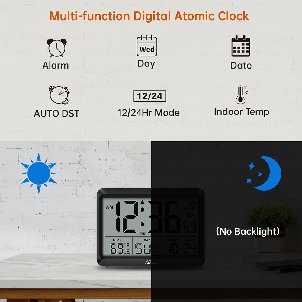 Battery-Powered Digital Atomic Clock - Large LCD, Weatherproof & Alarm Function