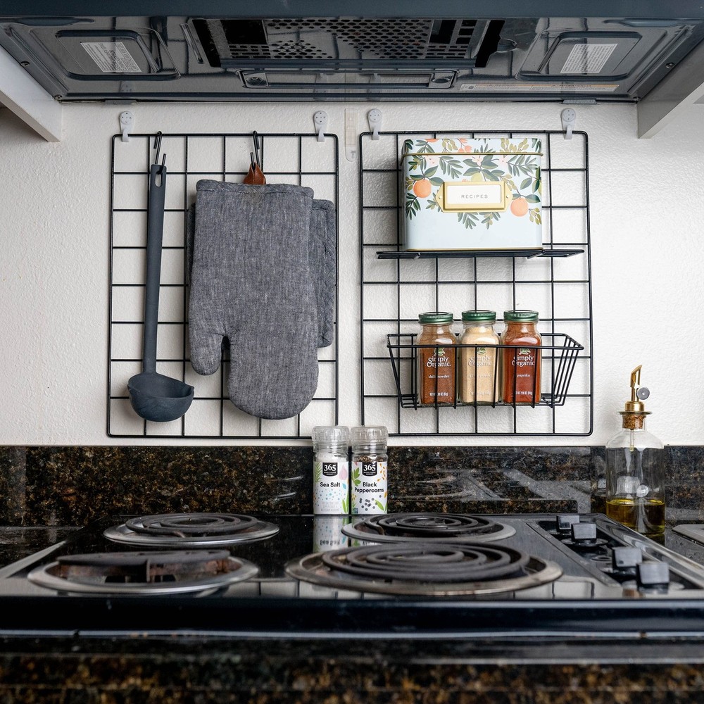 2 Pack Wire Wall Grid Panel with Accessories | Includes Hanging Basket, Shelf...