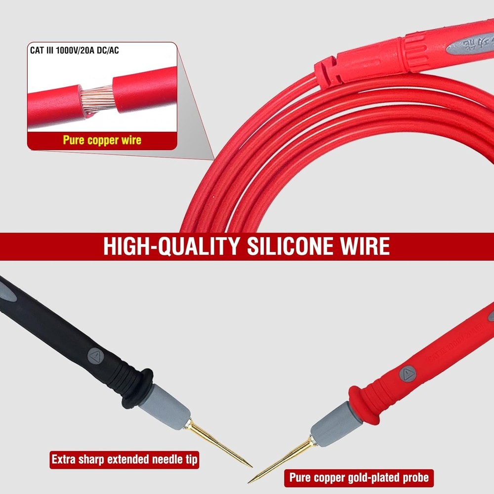 Professional Multimeter Test Leads Kit,Extra-Long Soft Silicone Meter Leads 1000
