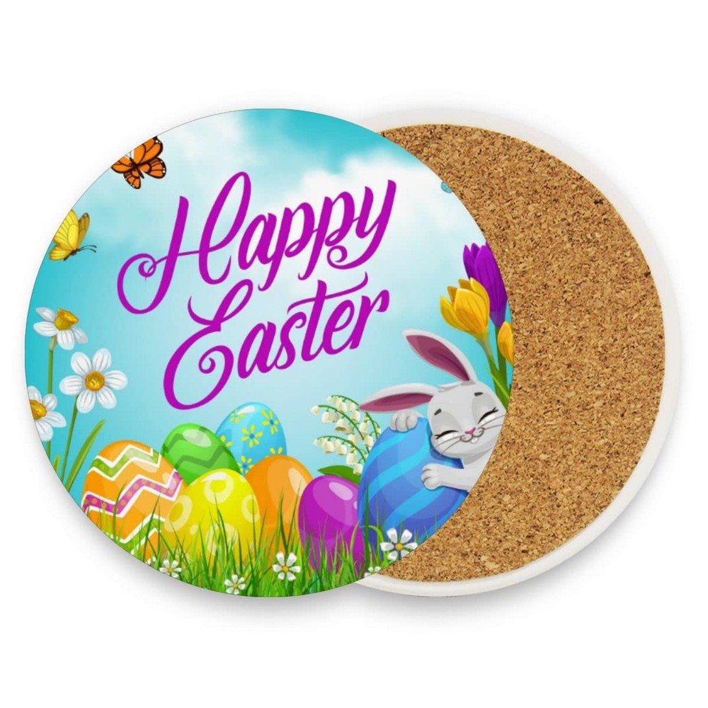 Happy Easter Eggs Drink Coaster with Cork Base, Round Moisture Absorbent Coas...