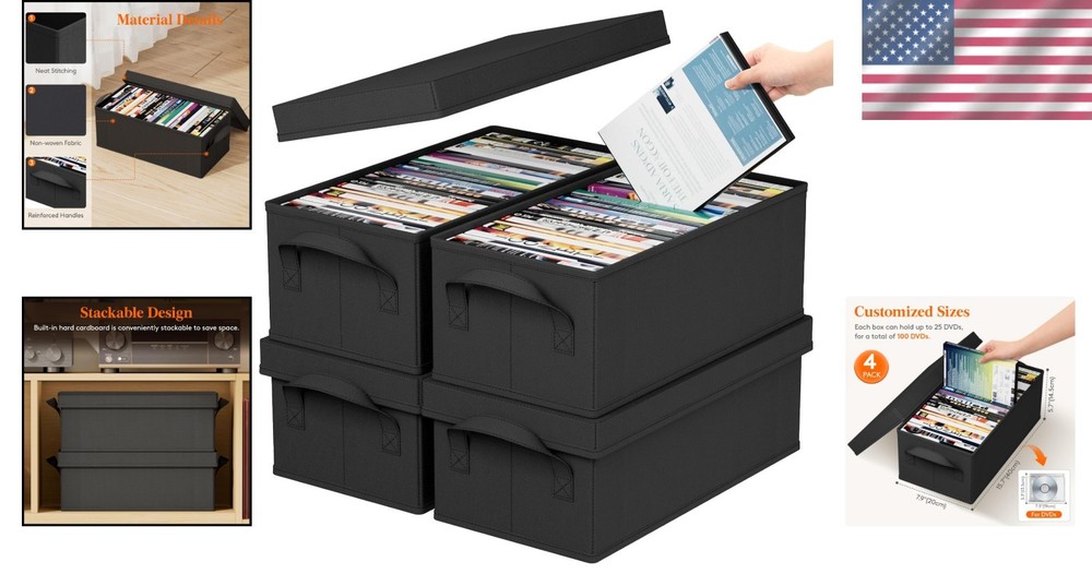 DVD Storage Box Organizer 4 Pack Stackable Foldable DVD Cases Holder