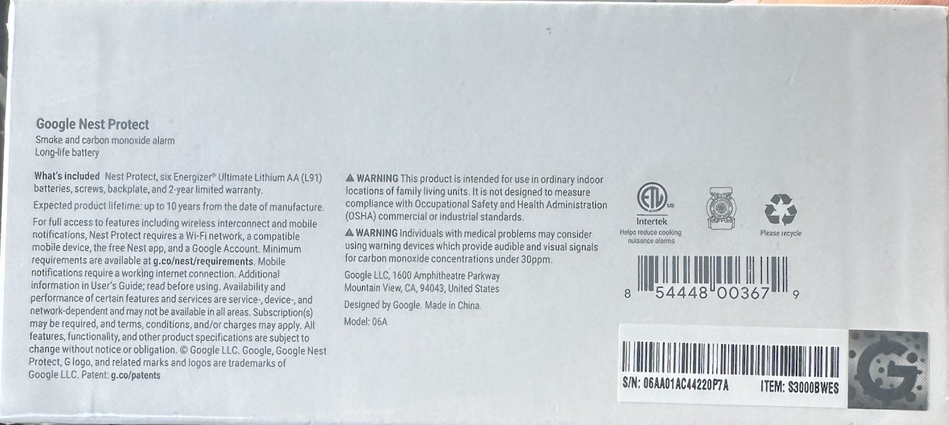 Google Nest Protect Smoke and Carbon Monoxide Alarm 2nd Gen - S3000BWES EXP 2032