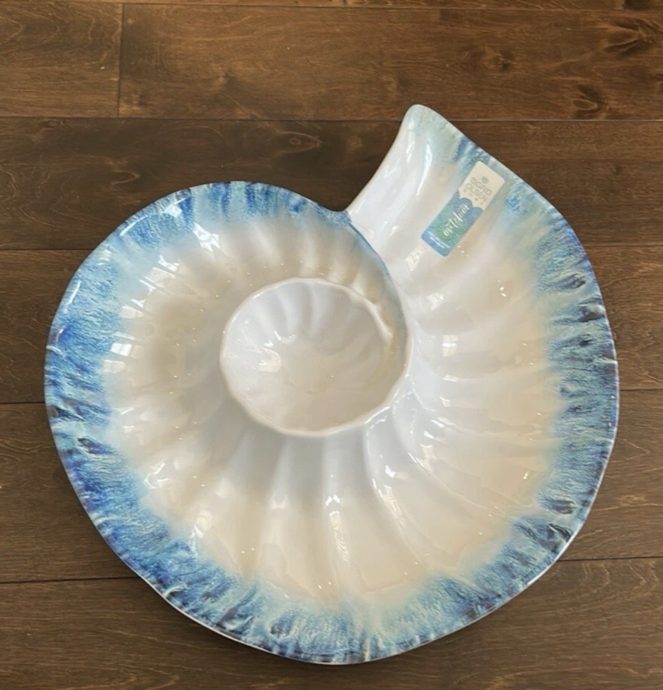 New Sigrid Olsen CONCH SHELL MELAMINE CHIP & DIP TRAY Platter 15"  Blue White