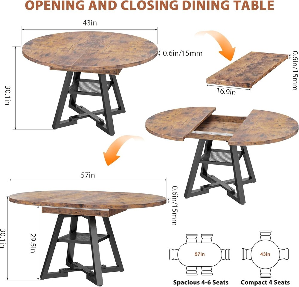 Round Dining Table Kitchen Dining Room Dinner Table 4-6 Space Saving Extendable