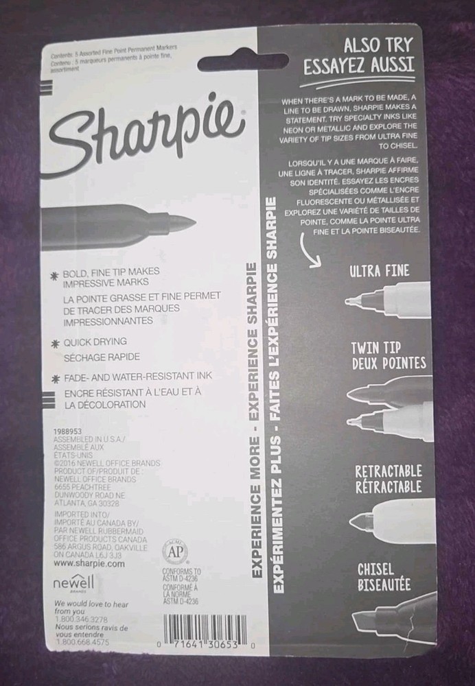 Sharpie Permanent Markers, Fine Point, Assorted Colors, 5 Count 30653