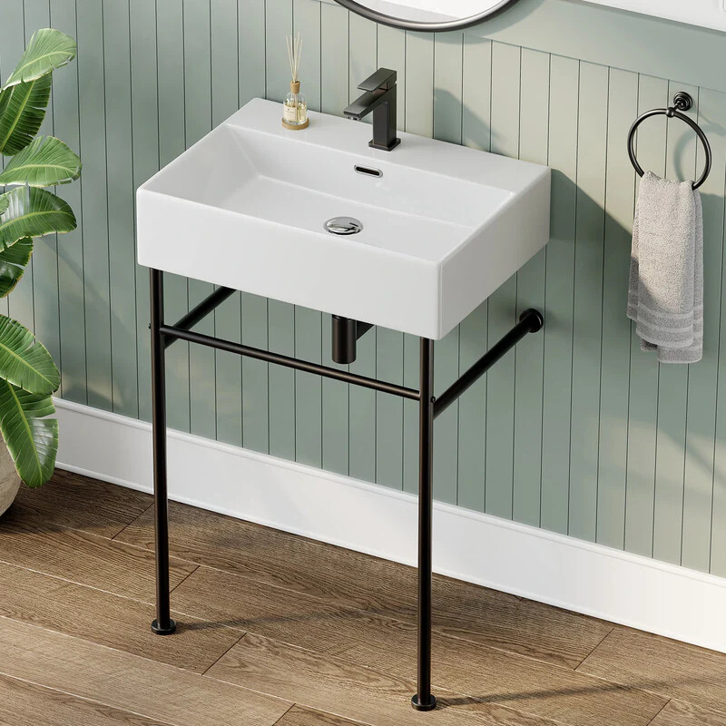 24 in Ceramic White Rectangular Bathroom Console Sink with Legs and Overflow
