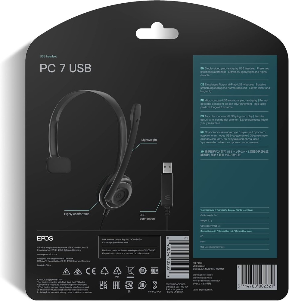 EPOS PC 7 USB Wired Headset Noise Cancelling Mic Mono Black
