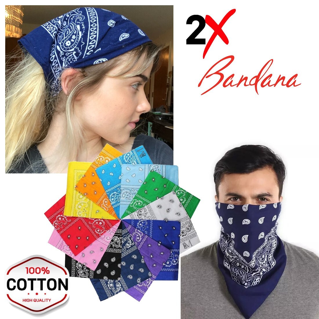 2 Pack Bandana 100% Cotton Paisley Print Double-Sided Scarf Head Neck Face Mask