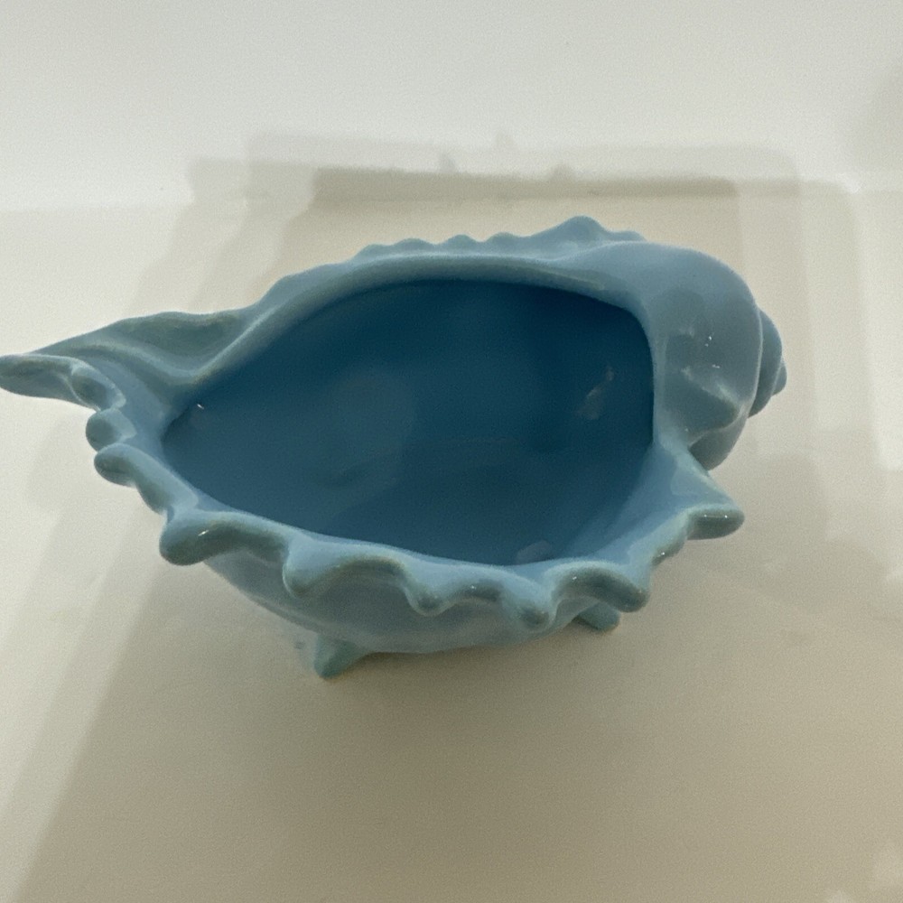 Blue Ceramic Conch Shell Planter Marked USA On Bottom 2.5” Tall