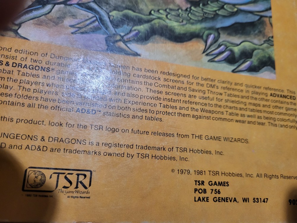 Dungeon Masters Screen Tri-fold Advanced Dungeons & Dragons - 1981 TSR 9024