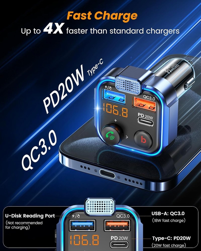 FM Transmitter in-Car Adapter, Type-C PD 20W+ QC3.0 Fast USB Charger, Wireles...