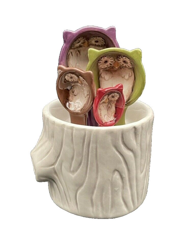 Multicolor Ceramic Owl Measuring Spoons in White Ceramic Tree Stump