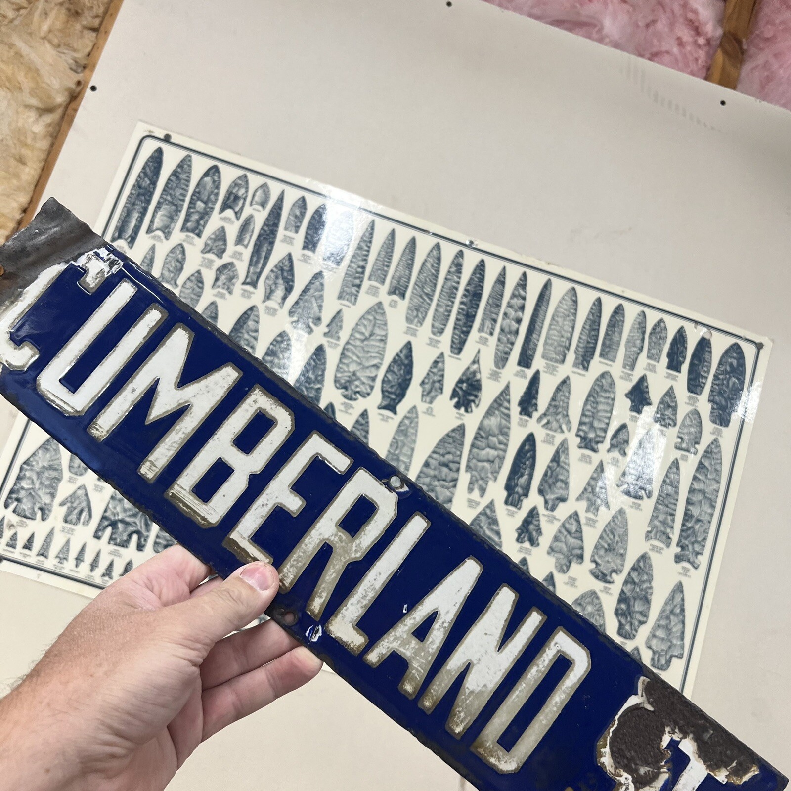 Flint Knapping Vintage 1920s Cumberland Street Embossed Porcelain Man Cave Sign