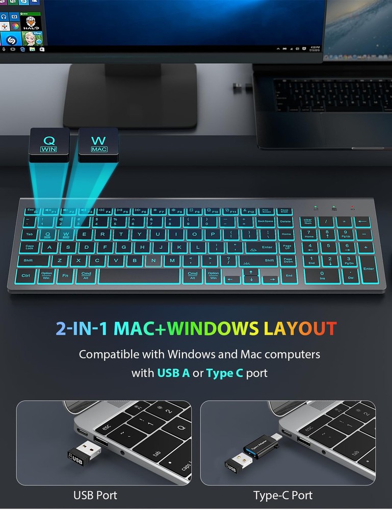Wireless Keyboard and Mouse Combo Backlit - Compact Quiet Keyboard with RGB M...