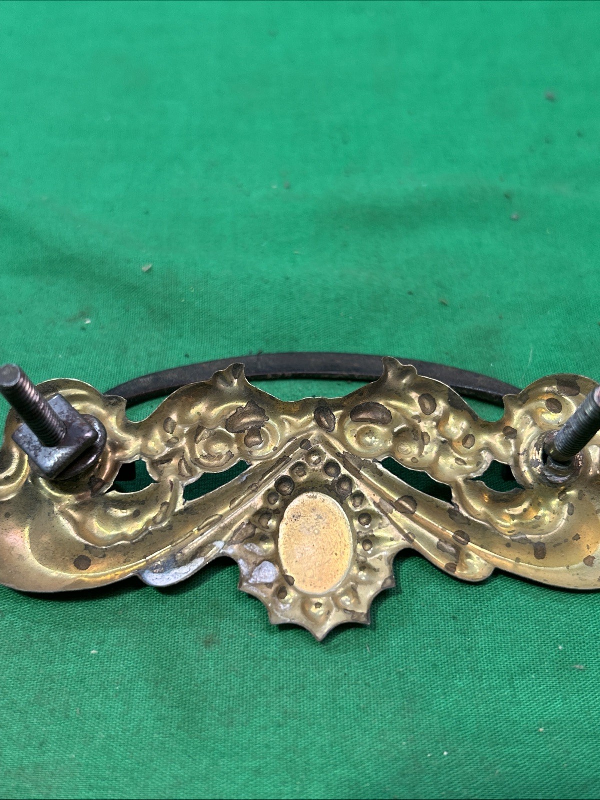 Two ANTIQUE Brass Pressed Drawer Pull Furniture Hardware Circle Metal Bail