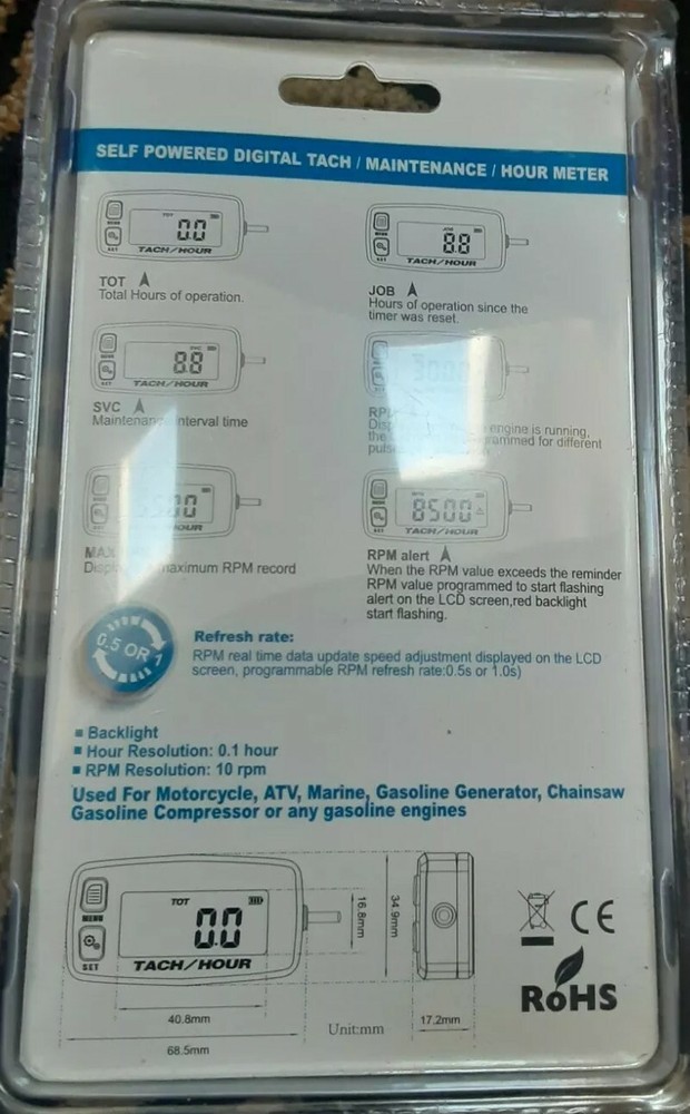 Backlight Digital Tach Maintenance Hour Meter LCD Self Powered Tachometer