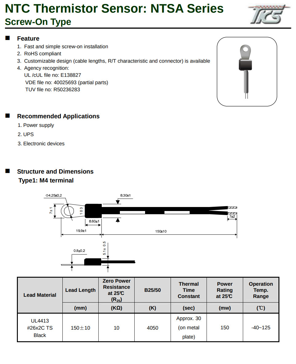 5PCS NTSA0103 THINKING 10K NTC Thermistor Sensor Ring Lug + Connector