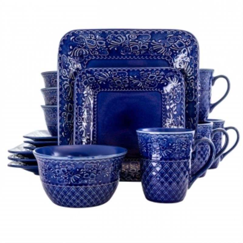Elama Indigo for Lotus 16 Piece Square  Dinnerware Set